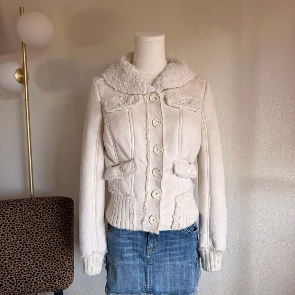 Guess Faux Suede Sherpa Bomber Jacket Size S White Y2K